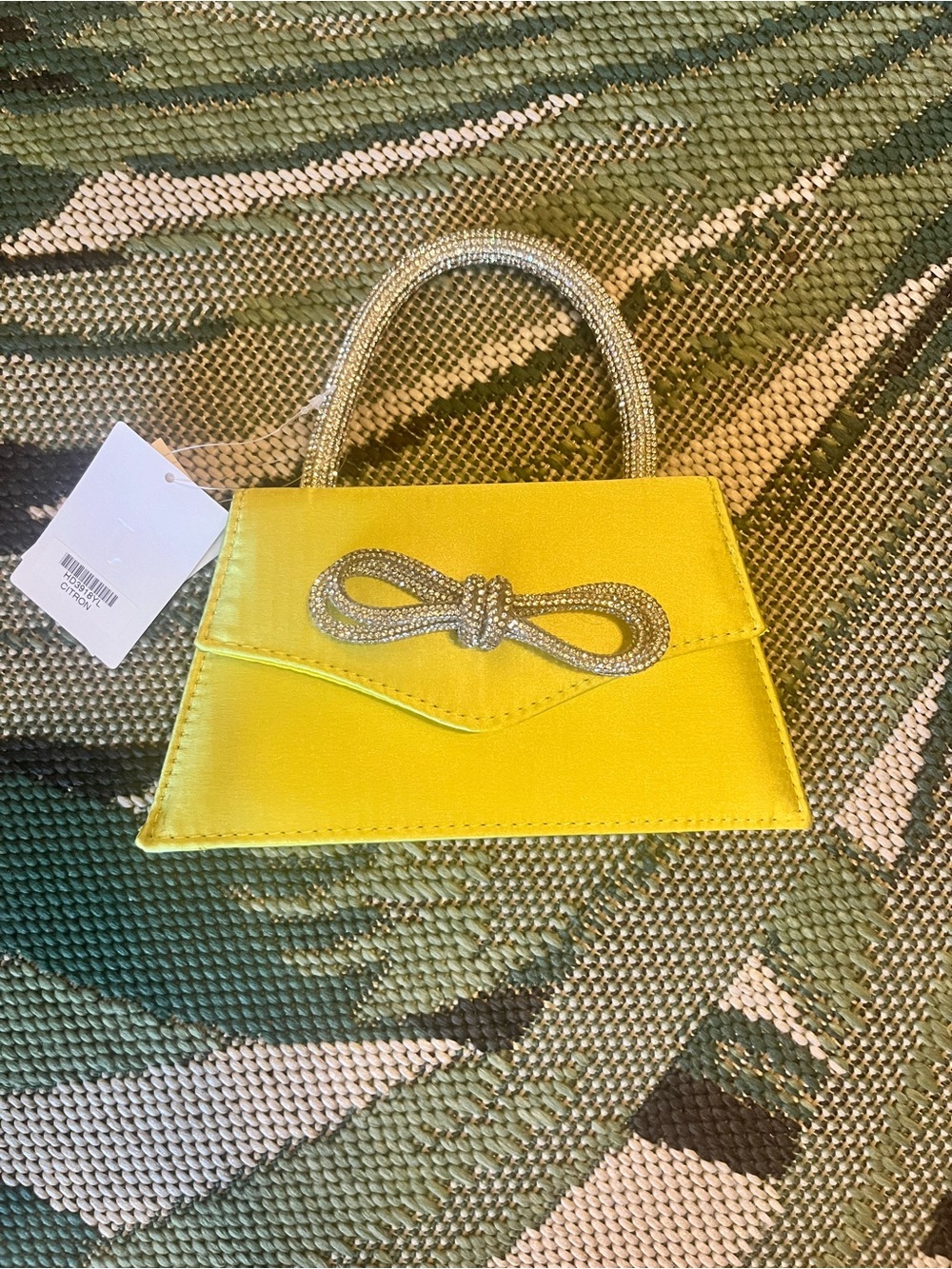 Yellow Satin Mini Top-Handle Bag with Rhinestone Bow Accent